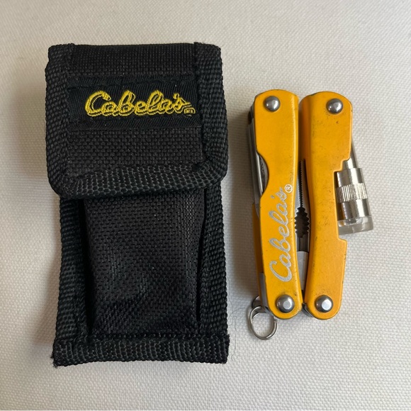 Cabela's Miniature Yellow Multi-Tool with Black Pouch Flashlight Keychain Pliers - Picture 1 of 5